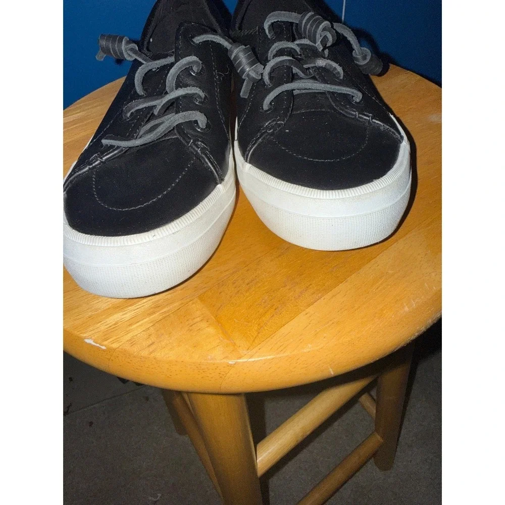 Sperry Crest Vibe Black Leather Low Top Sneakers Womens 6.5 Slip On Shoes